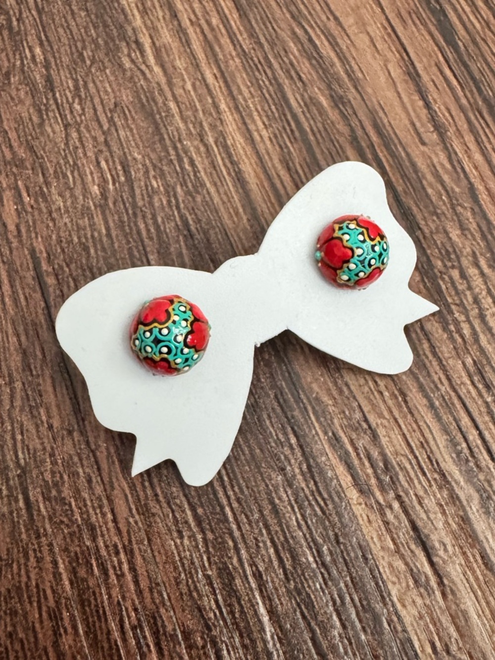 Handpainted Thai Floral Round Stud Earrings - Black, Red & Turquoise